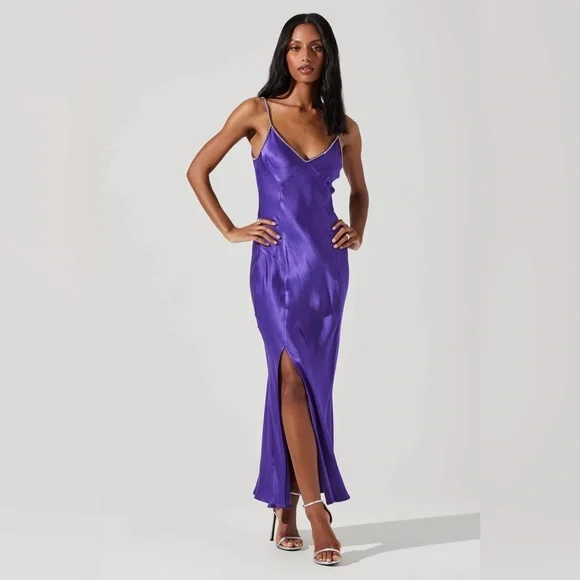 Astr | Dresses | Nwt Astr The Label Kathleen Rhinestone Trim Satin Midi  Dress Size M Purple | Poshmark